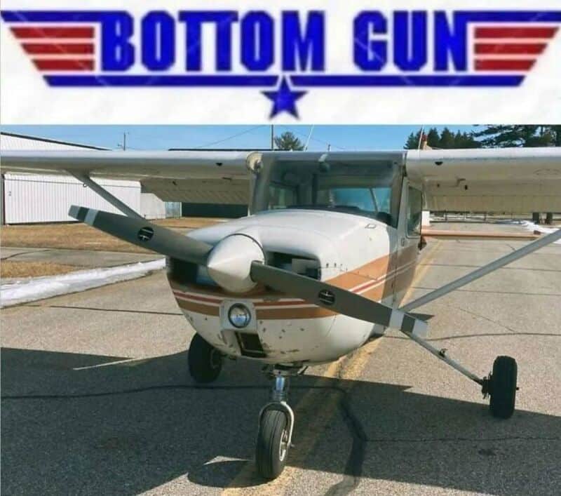 Humorous aviation meme featuring a small airplane with a "bottom gun" label.