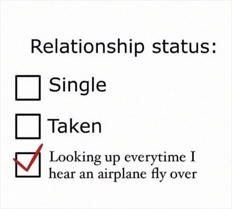 Aviation humor meme showing relationship status options with a joke about airplane sounds.
