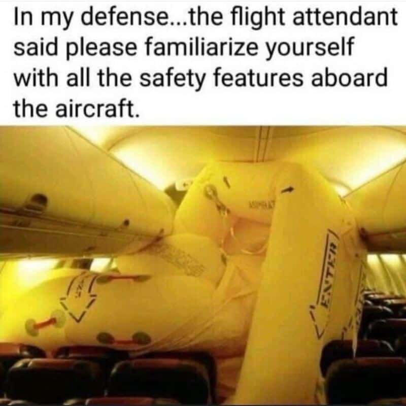 Humorous aviation meme showing a deflated airplane with a caption about safety instructions.