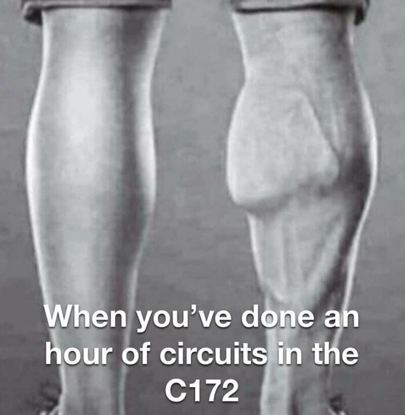 Funny aviation meme with legs and humorous caption about circuits.