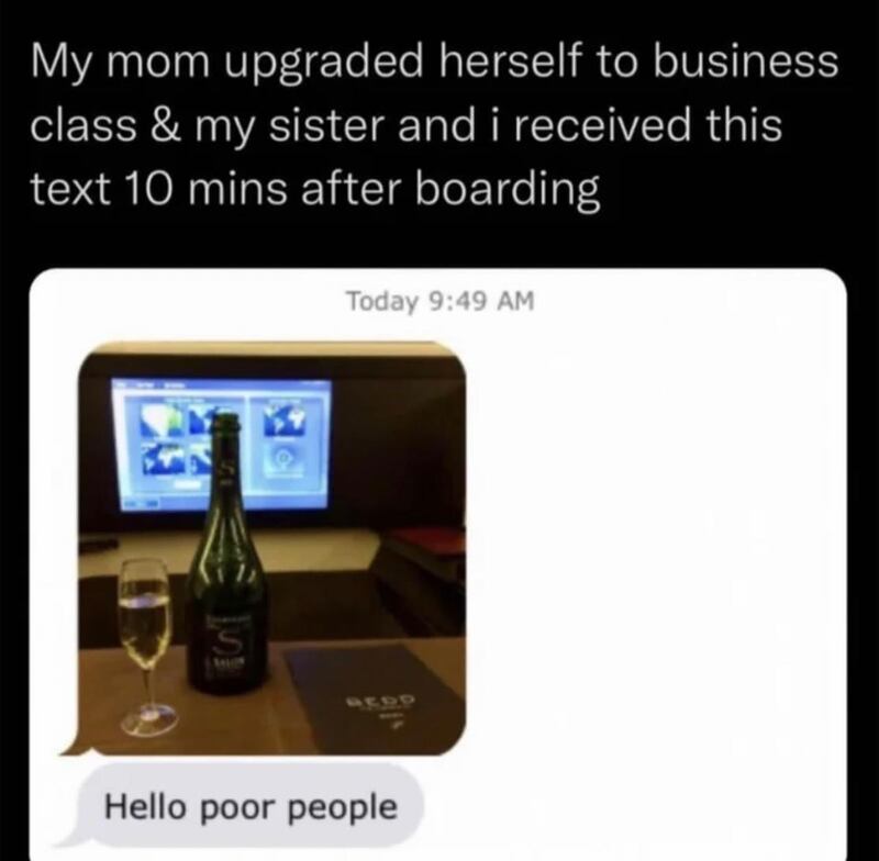 Humorous aviation meme showing a phone screen with a message "Hello poor people".