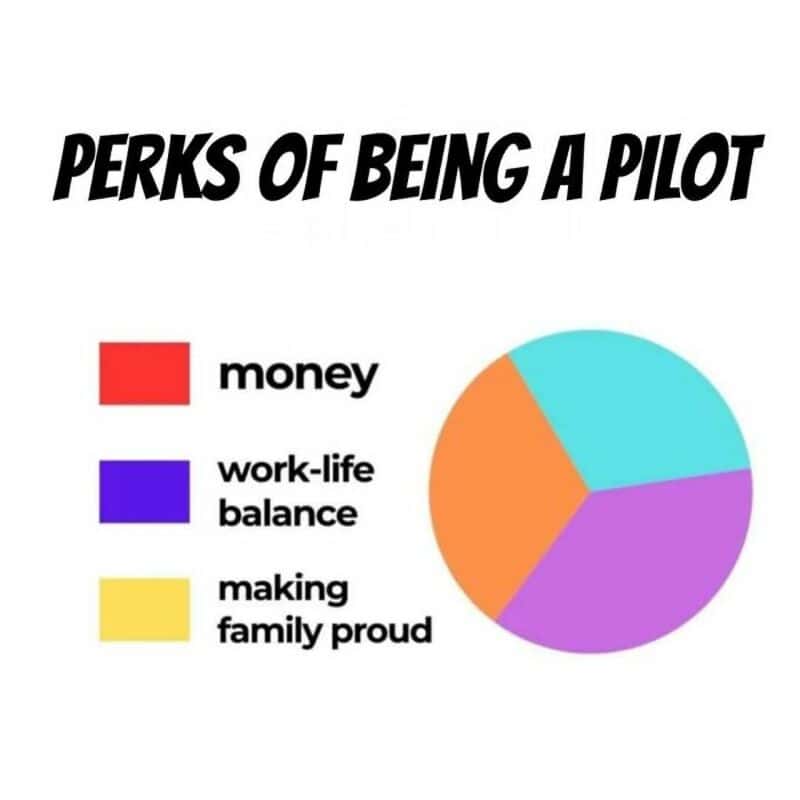 Pie chart showing pilot perks like money, work-life balance, and family pride.