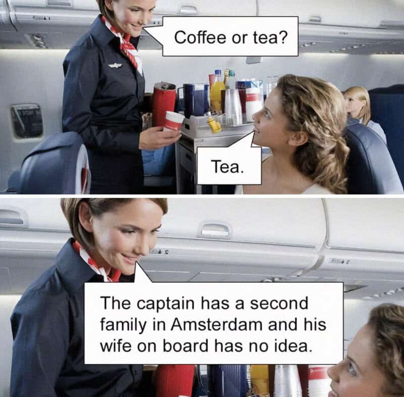 Humorous aviation meme with flight attendant offering tea to passenger.
