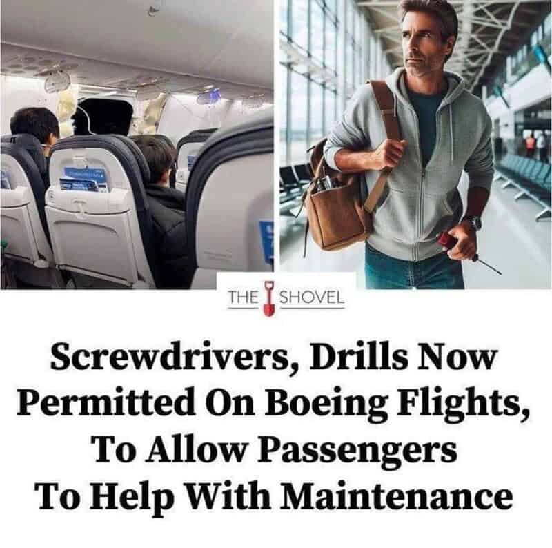 Passengers using screwdrivers to assist with airplane maintenance during flight.