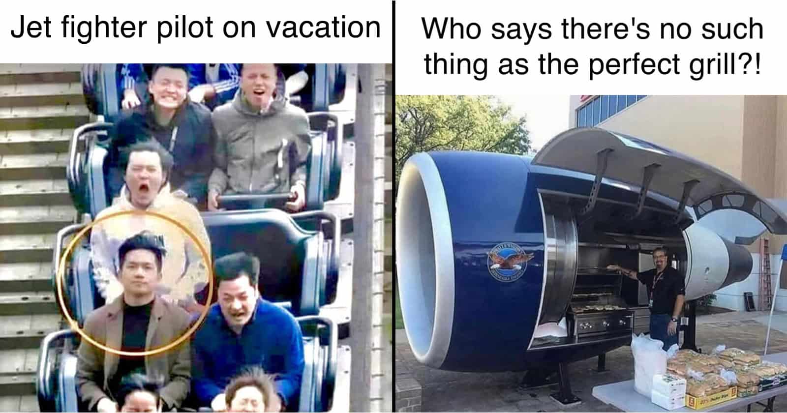 Jet fighter pilot relaxing on a roller coaster ride with friends.