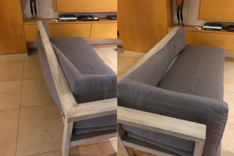 A stylish gray sofa with a wooden frame, shown from different angles, placed in a cozy living room s.