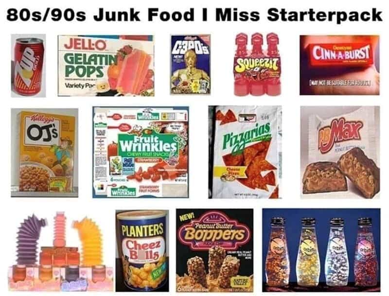 Collection of classic 80s and 90s junk food items and snacks.