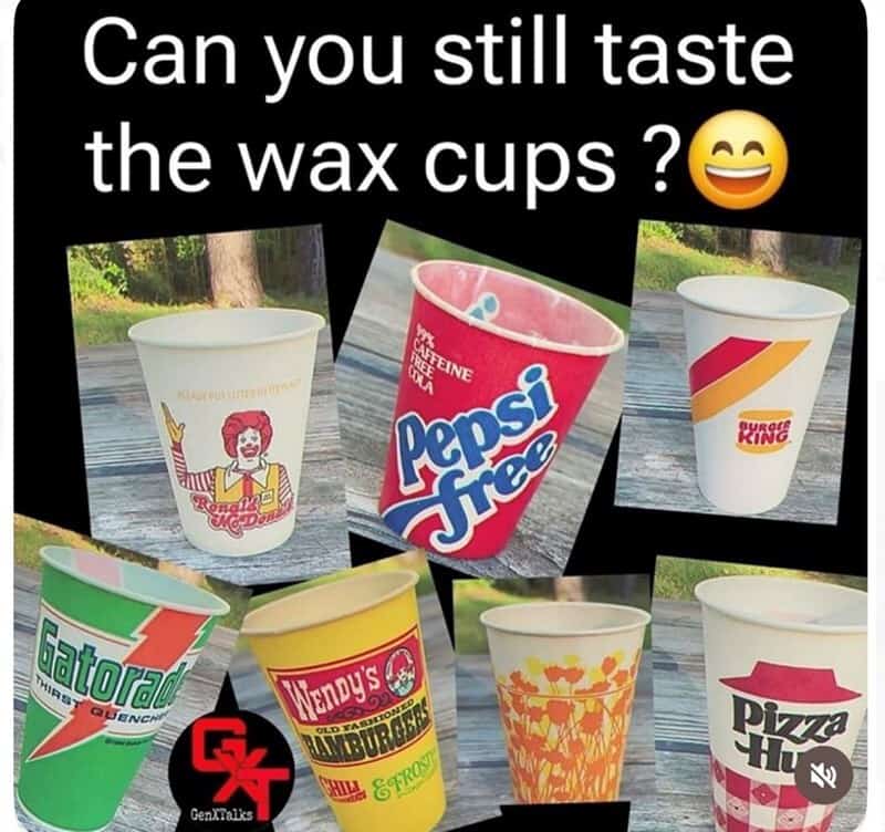 Collection of vintage fast food wax cups from popular brands like Burger King, Wendy's, and Pizza Hu.