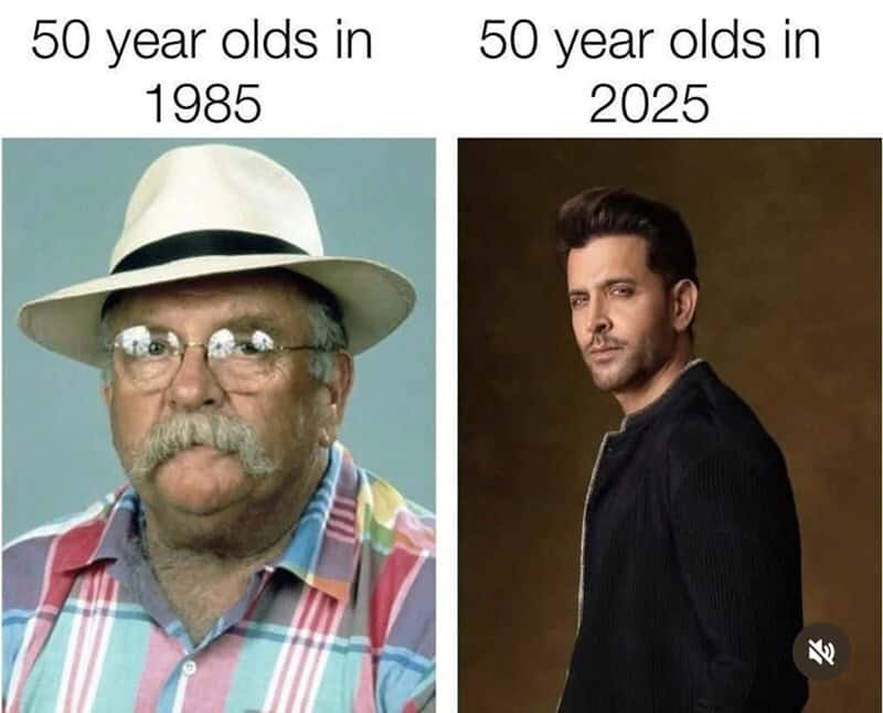 Side-by-side of 50-year-olds in 1985 and 2025, highlighting aging differences.