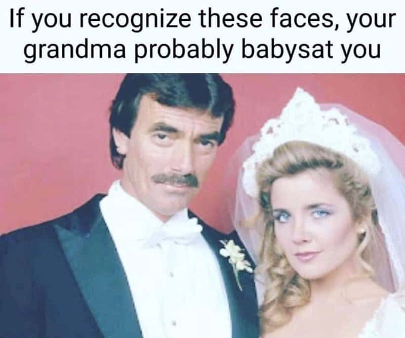 Humorous meme of a man and woman in wedding attire with caption about grandma babysitting.