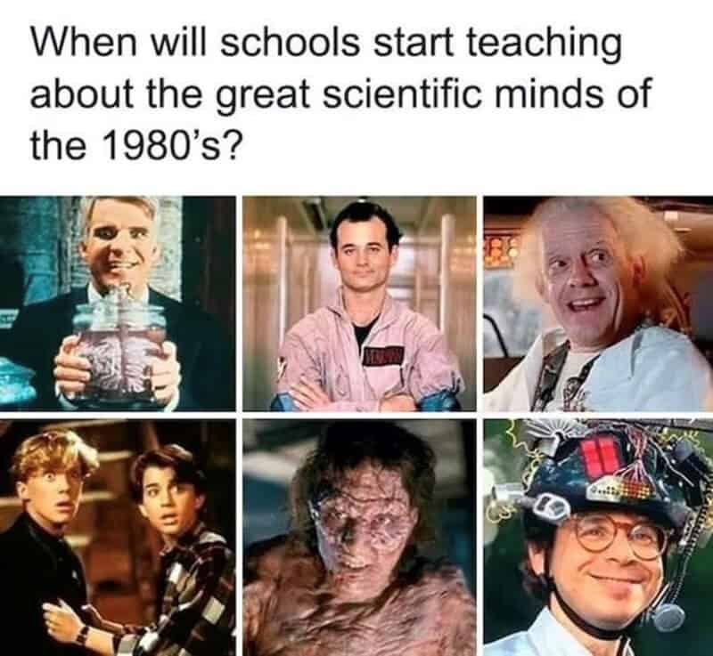 Funny 1980s science meme featuring iconic characters from the era.