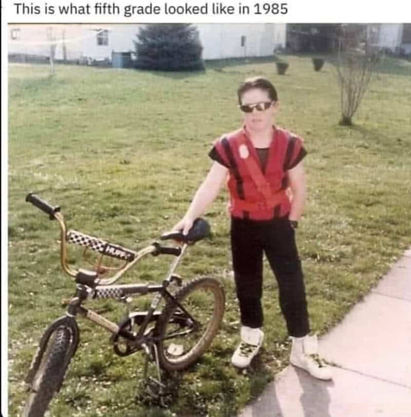Child in 1980s outfit with bike, nostalgic GenX meme.