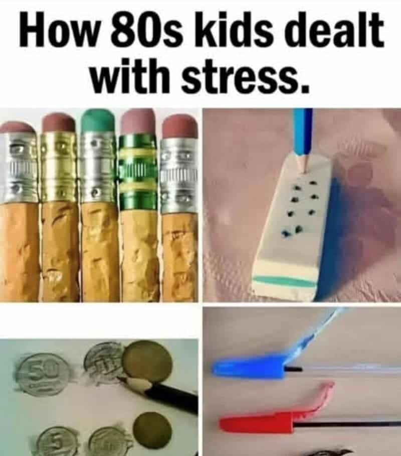 Vintage stress relief items for kids from the 80s, including erasers, coins, and pens.