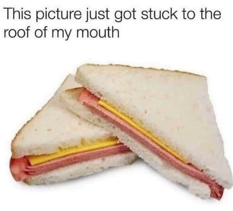 Humorous image of a ham and cheese sandwich stuck on a roof, referencing genx memes.