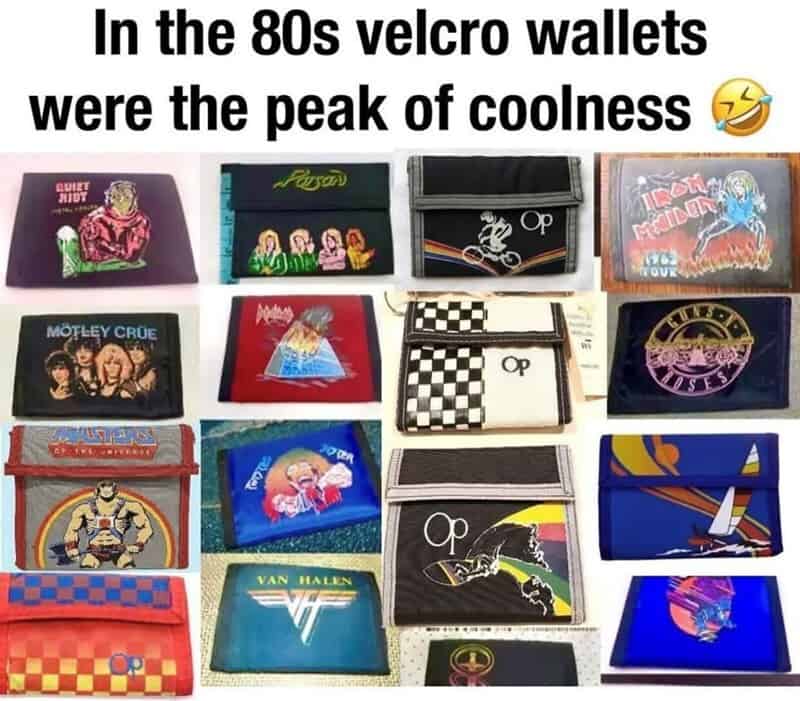 Vintage 1980s Velcro wallets showcasing classic pop culture designs and logos. Perfect nostalgic acc.