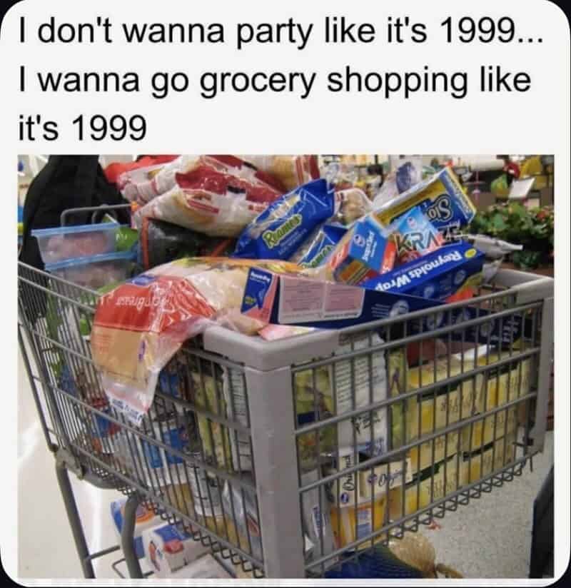 Shopping cart filled with groceries, humorous meme about 1999 shopping habits.