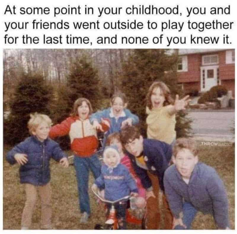 Nostalgic childhood friends playing outside, capturing a fun, carefree moment from the Gen X era.