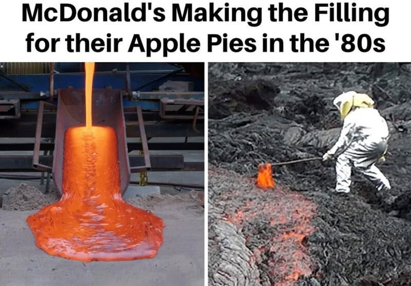 McDonald's worker filling apple pies with hot filling in the 1980s.