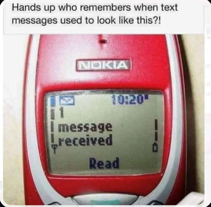 Vintage Nokia phone displaying a text message with humorous caption.