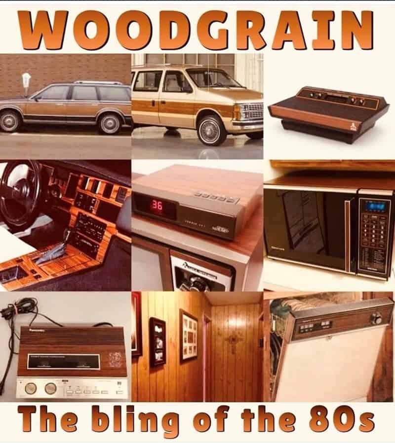 Vintage woodgrain car and electronic devices from the 1980s.