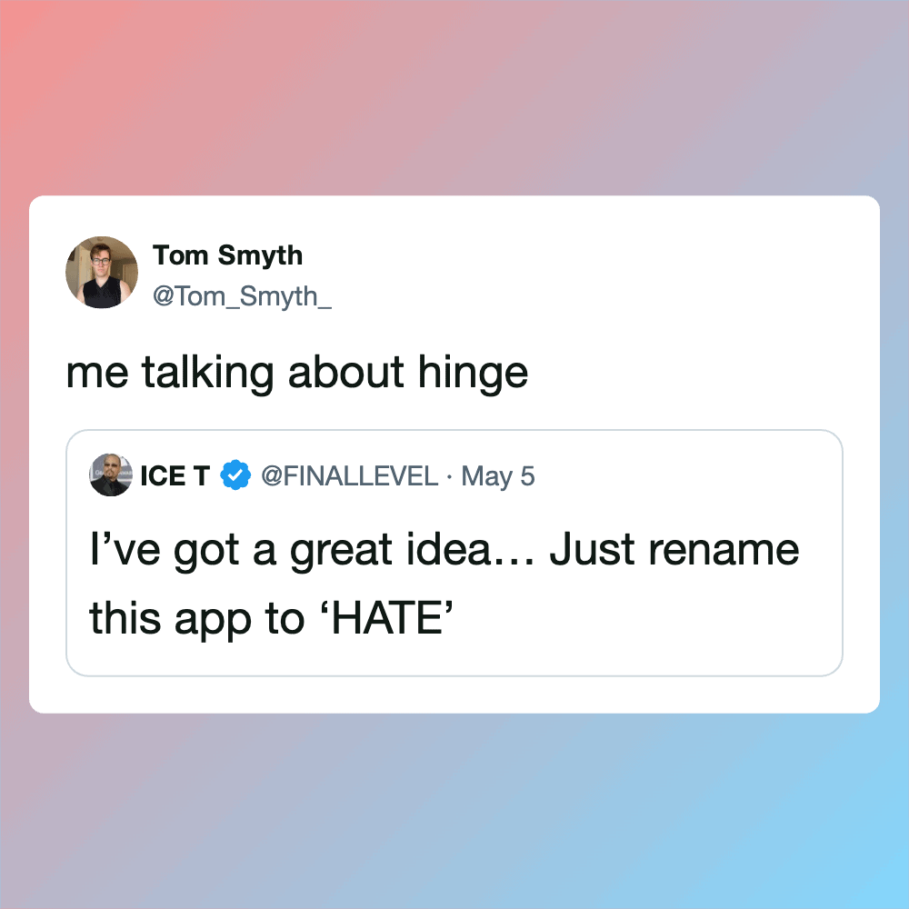 Hilarious meme about renaming an app to 'HATE' for humor.