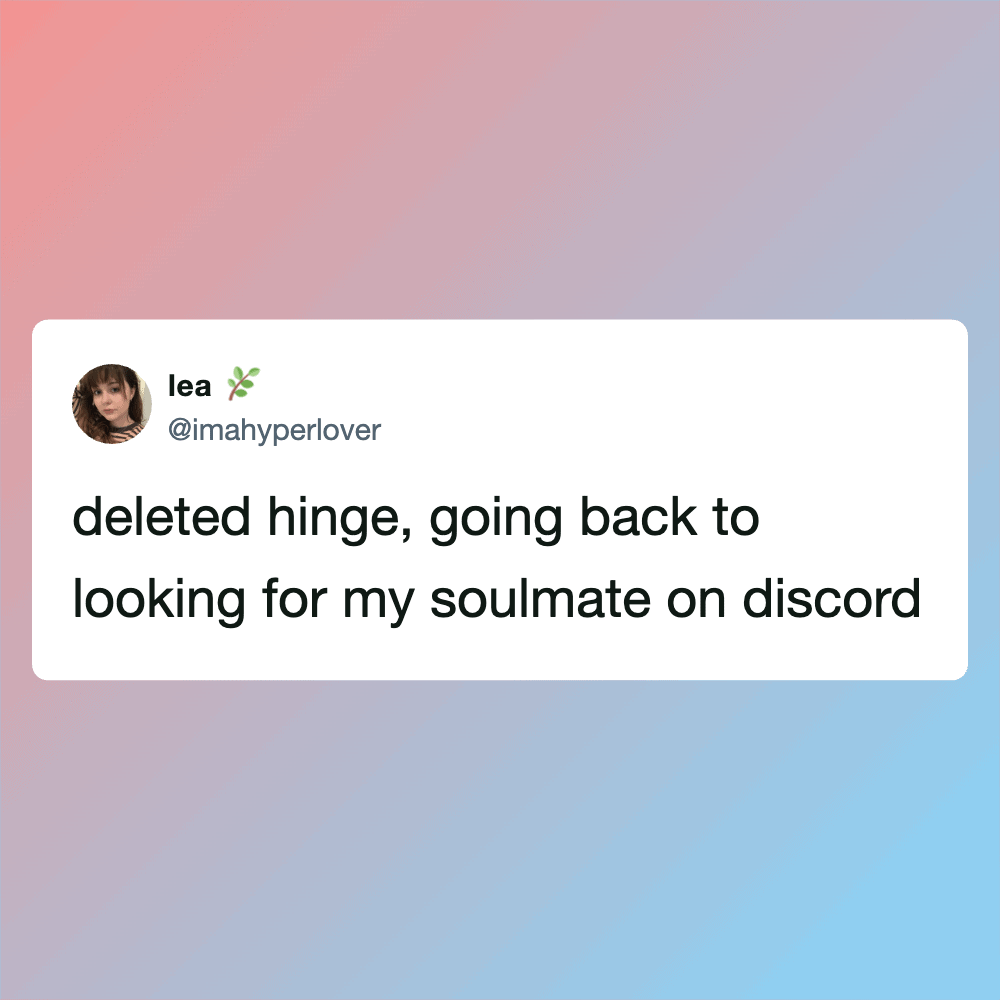 Humorous meme image from Pleated Jeans about a deleted hinge and searching for a soulmate on Discord.