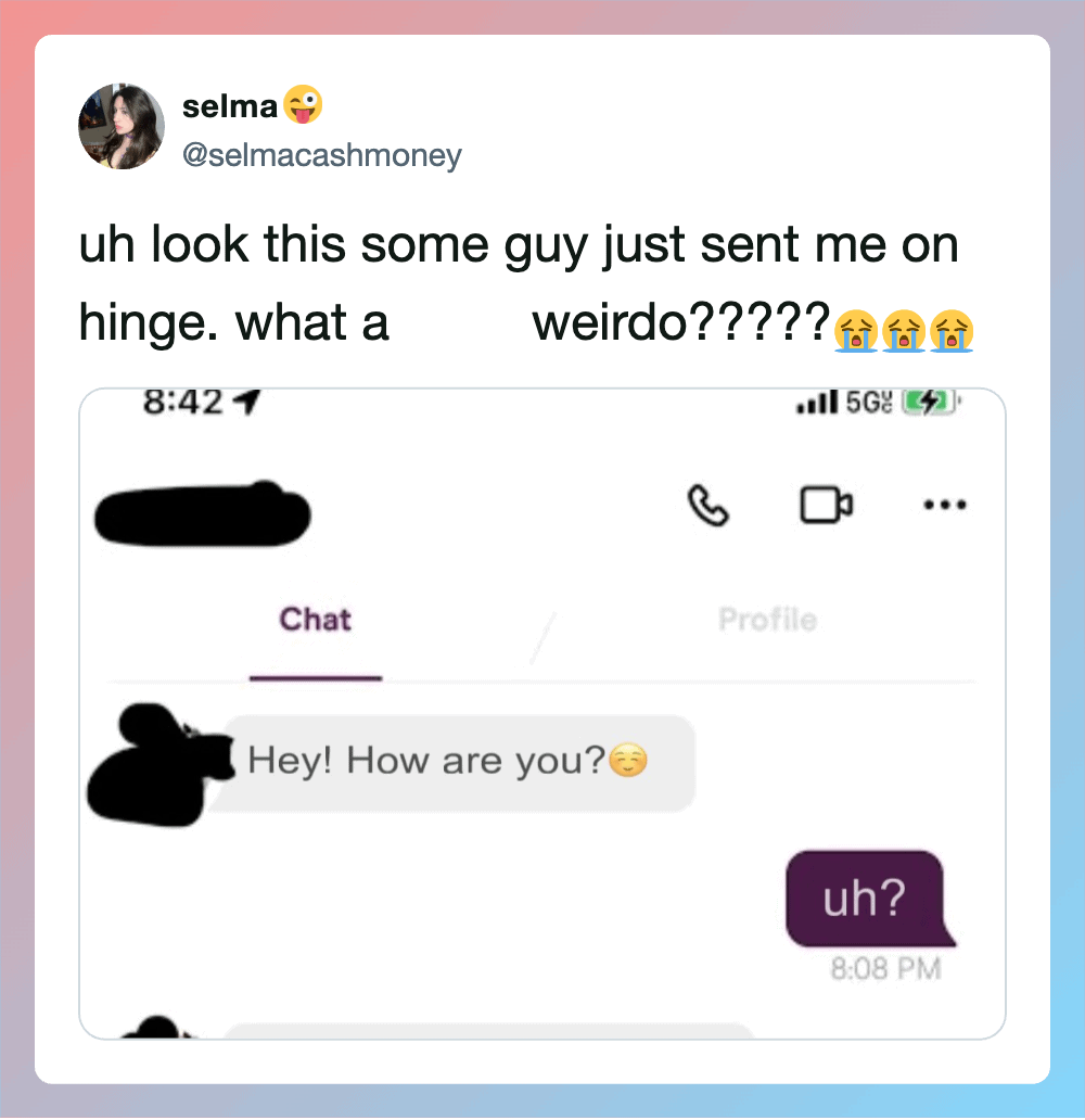 Humorous meme image from Pleated Jeans featuring a chat conversation about a weird message.