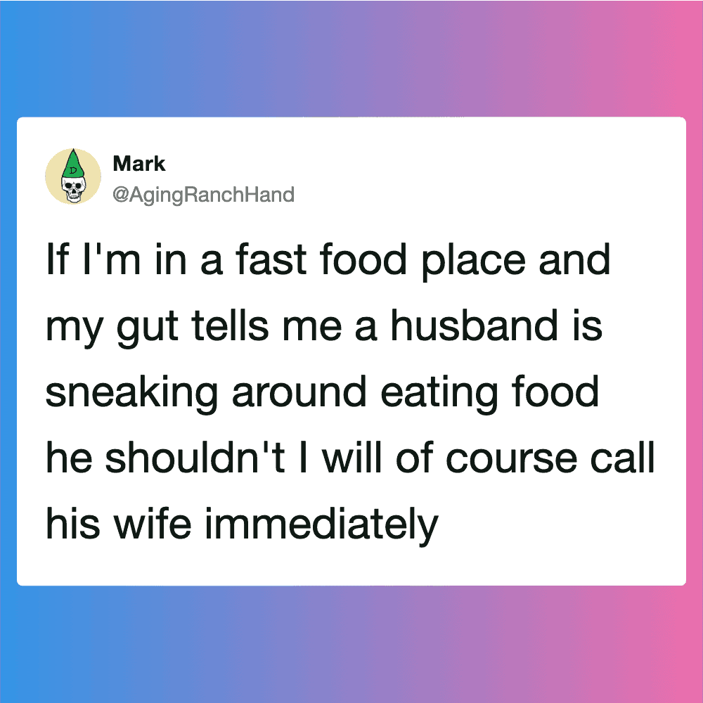 Humorous tweet about a husband sneaking food at a fast food place.