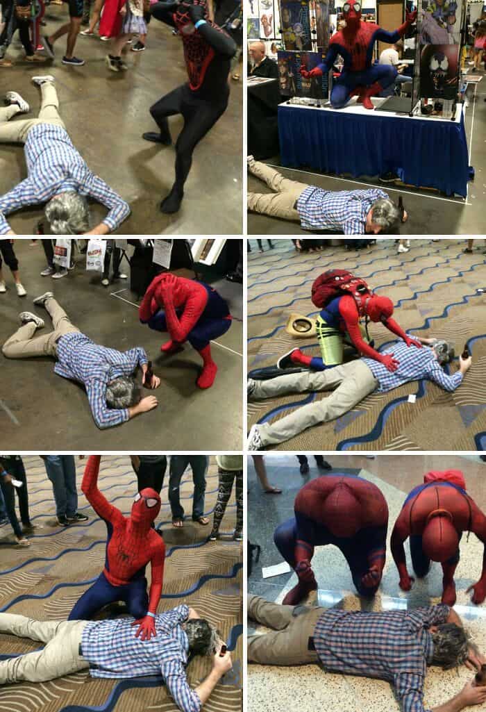 Spiderman and friends in funny poses at a comic convention.