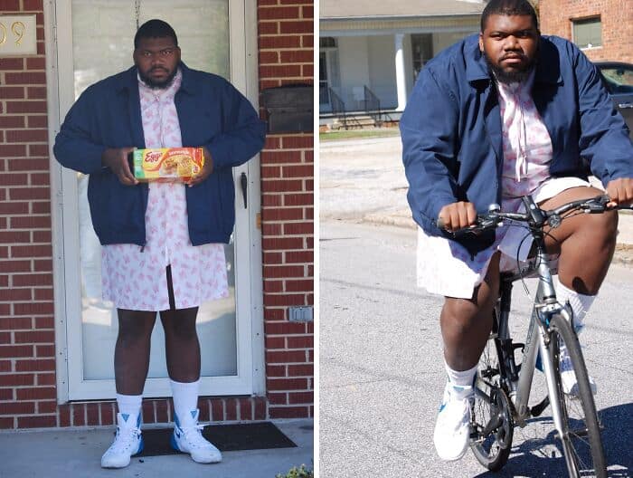Wholesome man in casual attire holding a snack box, showcasing a humorous and relatable style.