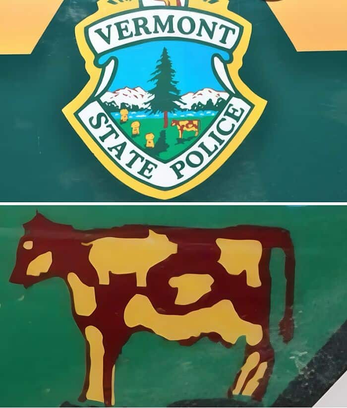 Vermont State Police badge and a stylized dog illustration on a colorful background.