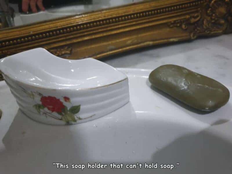 Funny soap holder shaped like a soap bar with a floral design.