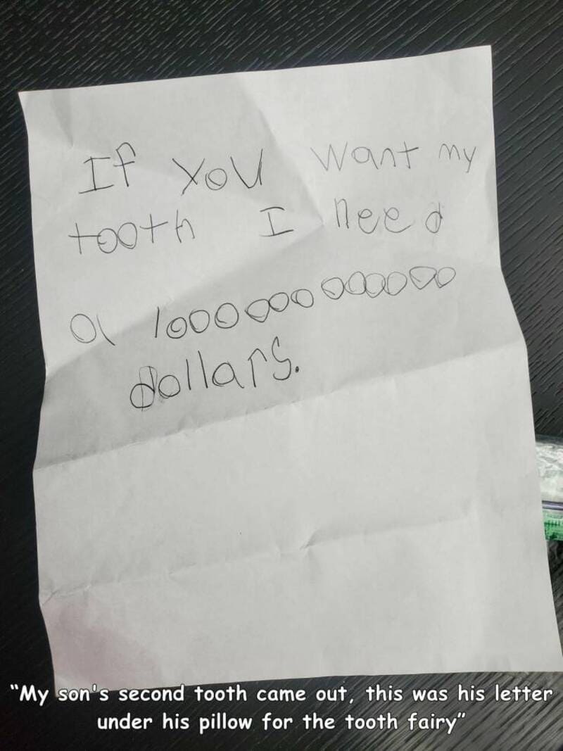 Child's handwritten note requesting a million dollars for a tooth.