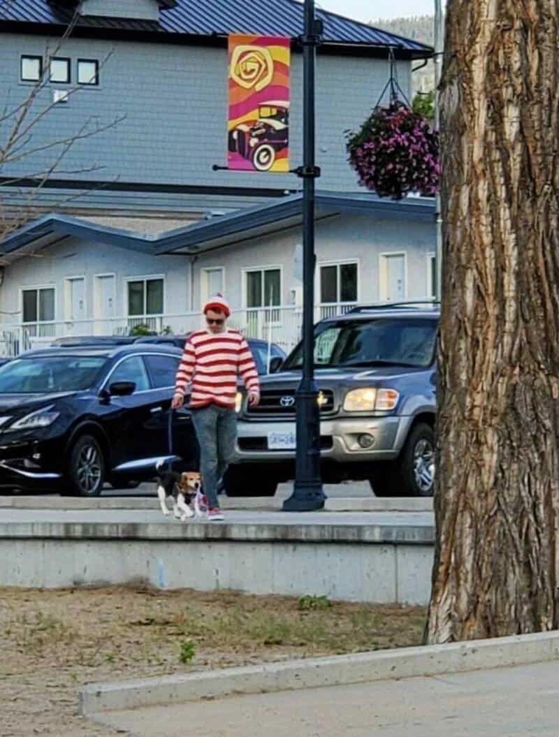 Playful scene of a woman in striped sweater and red hat walking her dog near parked vehicles.
