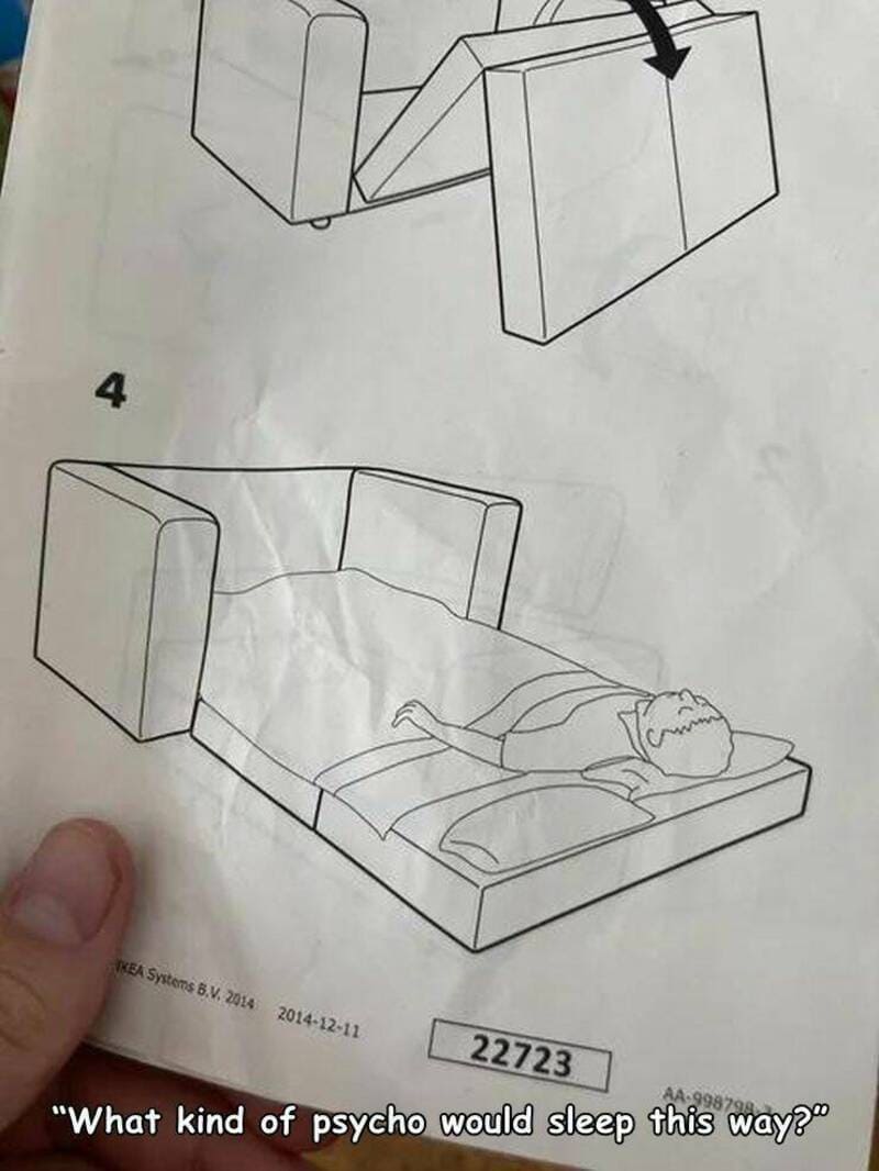 Illustration of a bed with high sides and a person sleeping, humorous furniture concept.