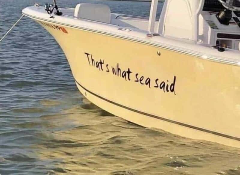 Funny boat with a pun "That's what sea said" written on the side, floating on water.