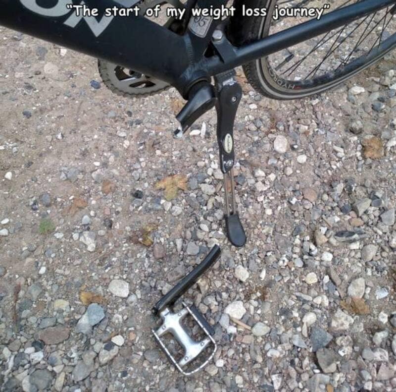 Broken bike pedal on gravel, funny weight loss journey meme from Pleated Jeans.