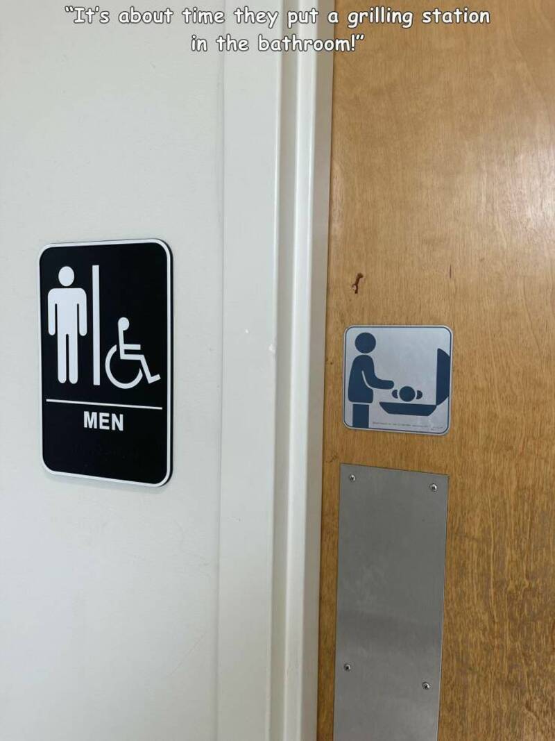 Humorous bathroom sign with a grilling station icon for men.
