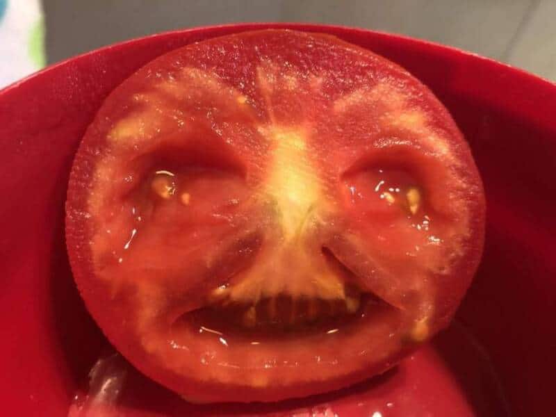 Tomato with a humorous face, resembling a smiley, in a red bowl.