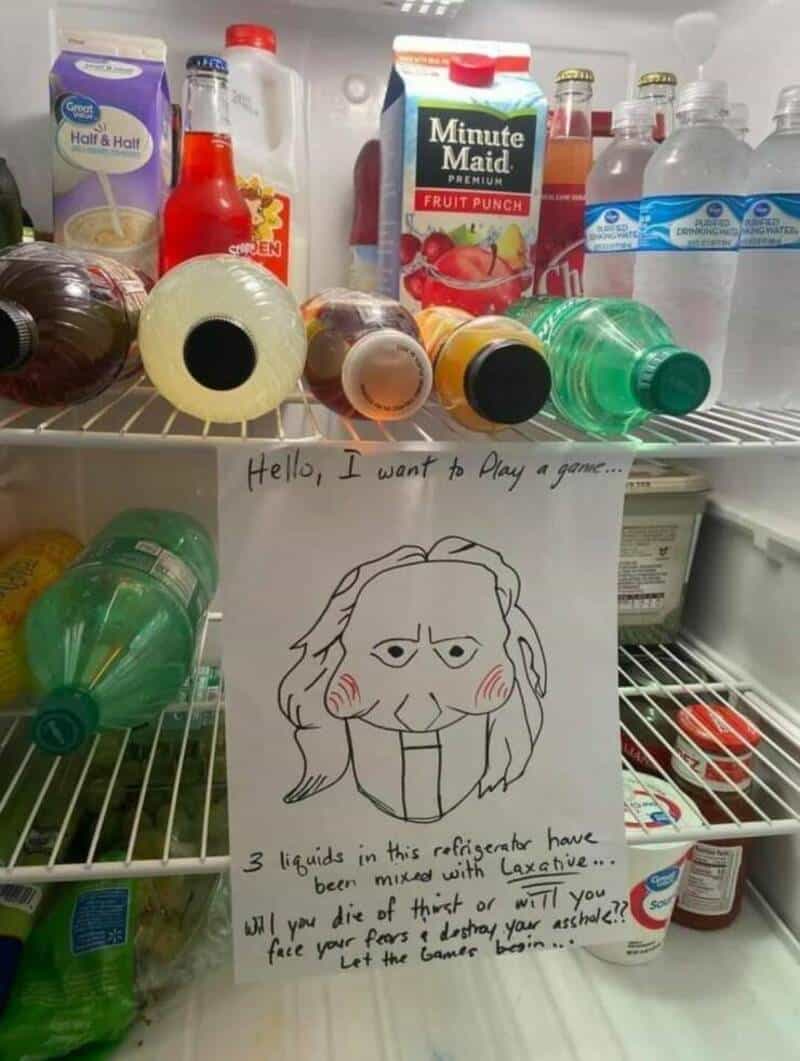 Playful illustration of a face on a note inside a refrigerator with various bottles.
