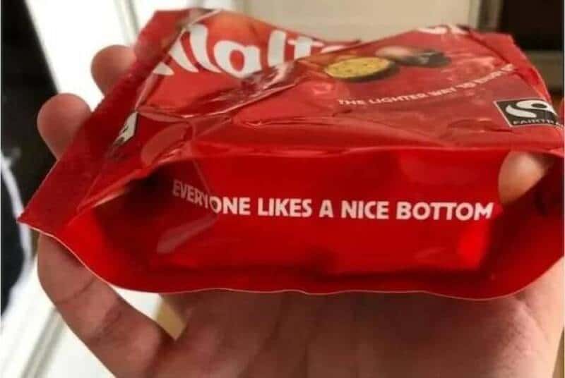 Cheeseburger with the text "Everyone likes a nice bottom" on the wrapper.