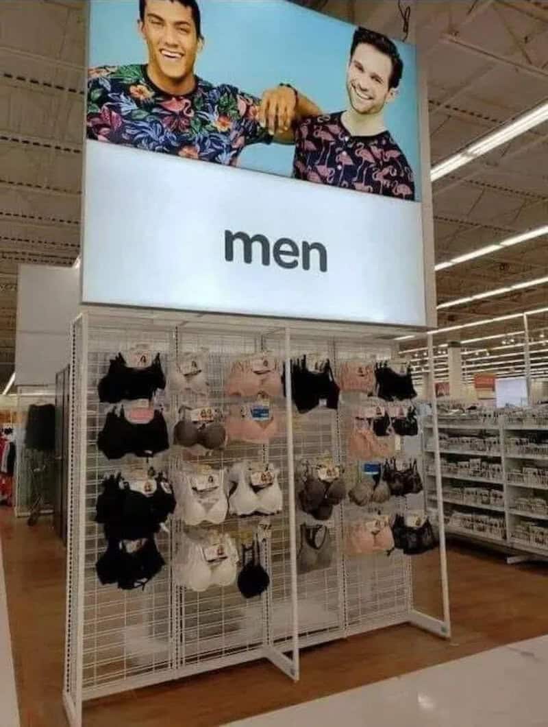 Humorous store display with men’s underwear and a sign labeled "men".