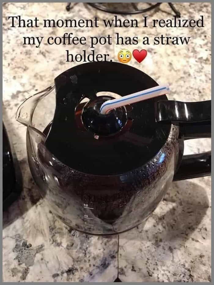 Coffee pot with straw holder and straw, humorous moment captured.