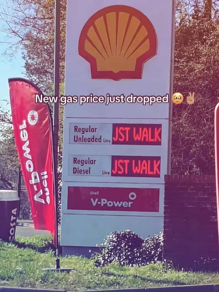 Gas prices dropped at Shell station, regular and diesel fuel, JST WALK.