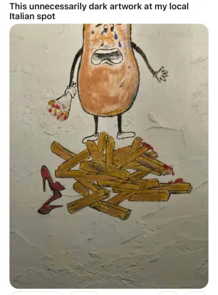 Unnecessarily dark artwork of a potato character with a sad face in Italy.