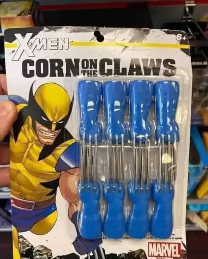 X-Men Corn on the Claws toy set with blue screwdrivers.
