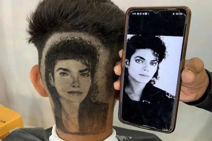 Portrait tattoo of a woman's face on the back of a person's head, with a phone showing the same imag.