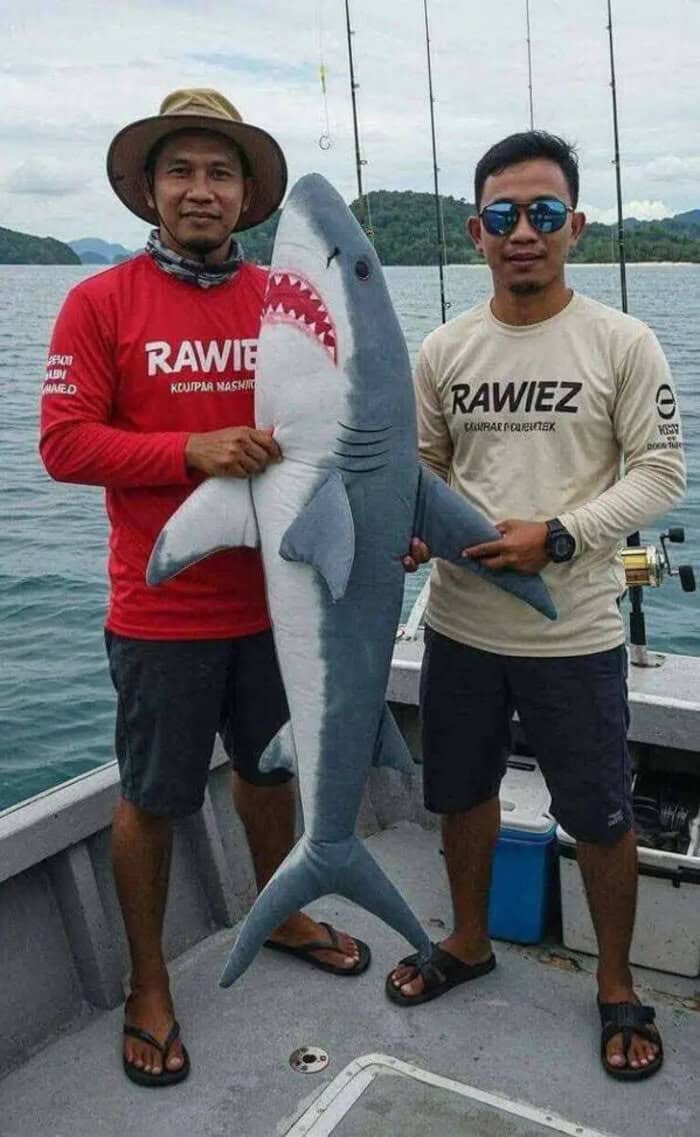 Large shark plush toy held by two men on a boat with water and mountains in the background.
