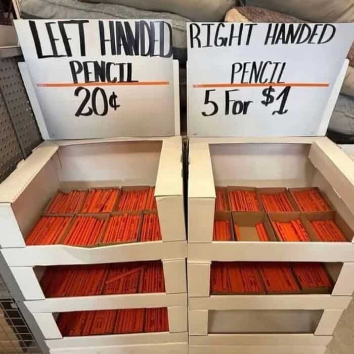 Left-handed and right-handed pencils for sale, 20¢ each or 5 for $1.