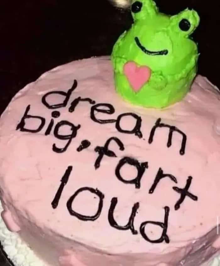 A cute green frog cake with a pink heart and the words "dream big, fart loud" written on it.